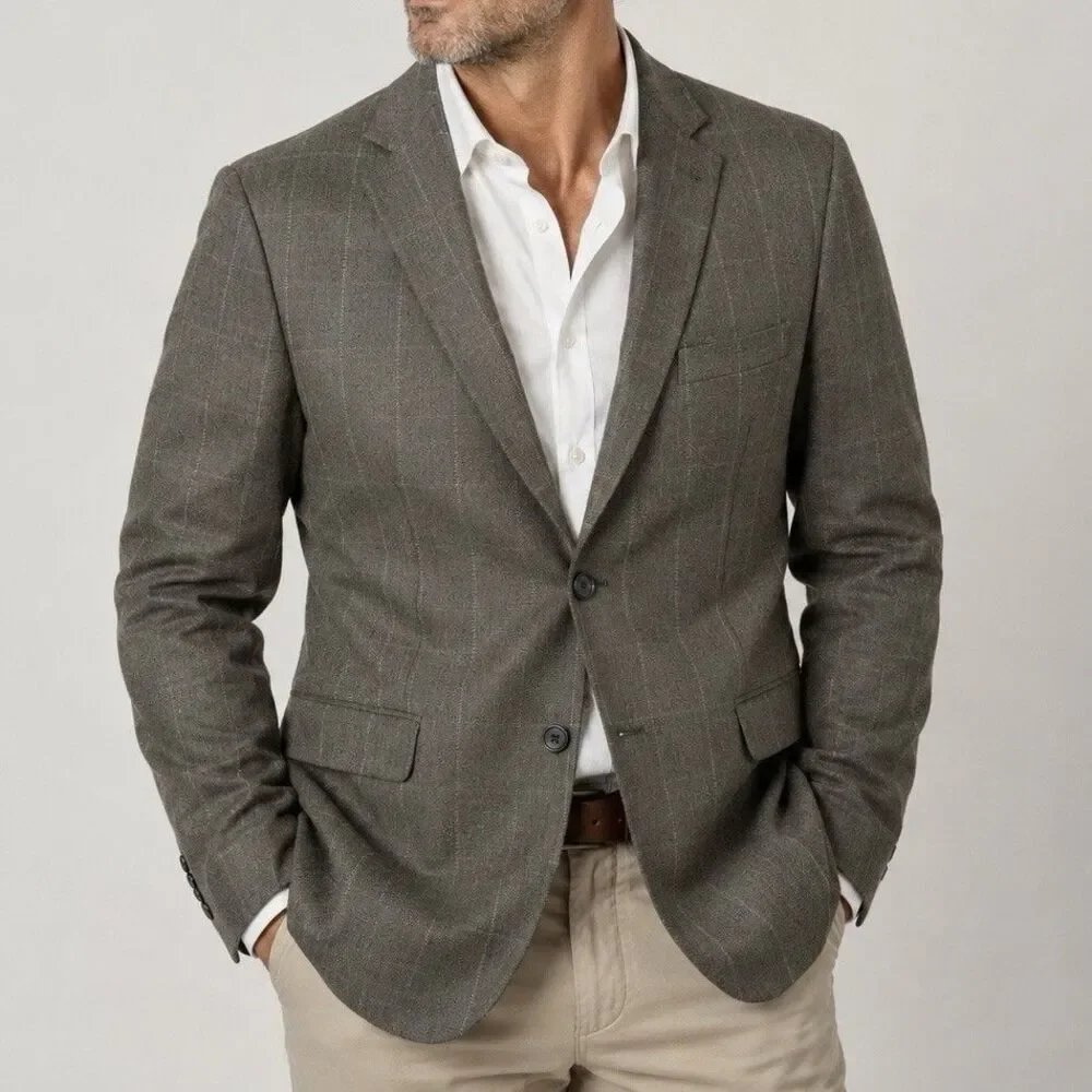 Jos A Bank 44R Sport Coat Blazer Taupe Gray Silk Camel Hair Windowpane